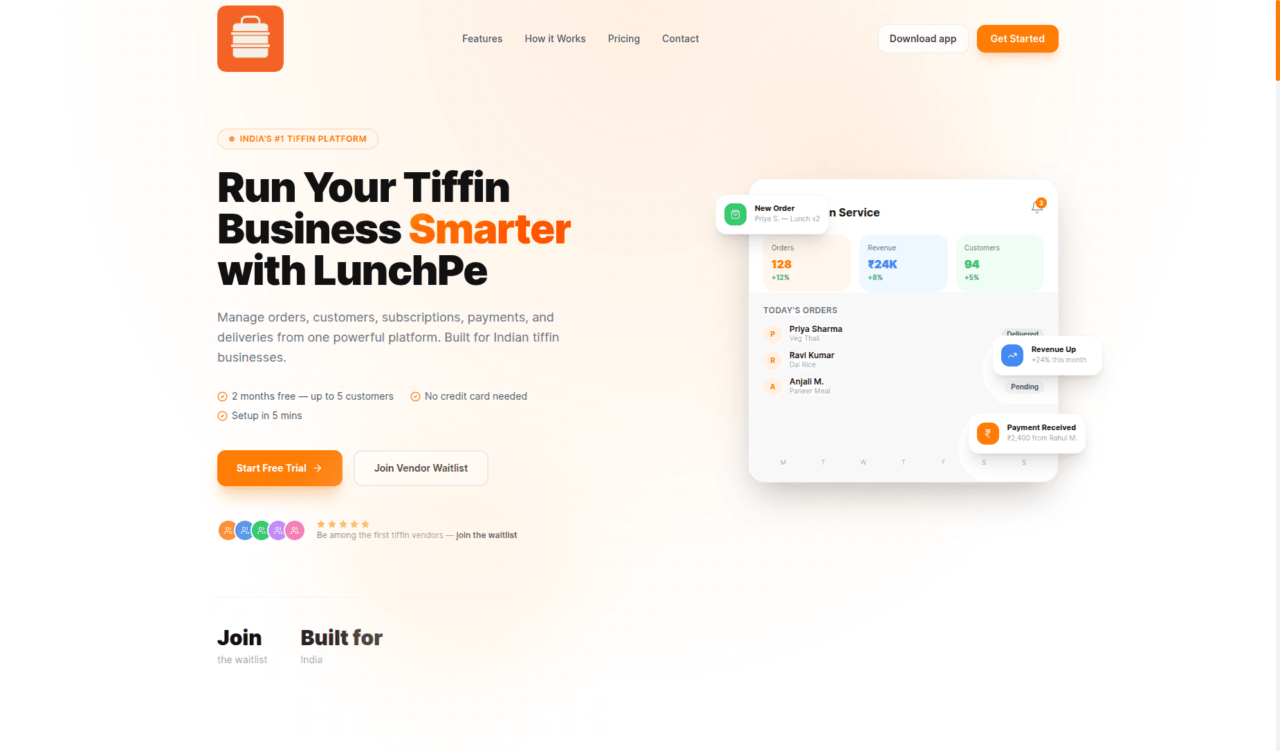LunchPe — tiffin vendor app and dashboard